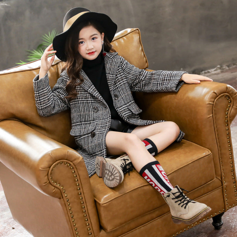 Manteau Carreaux Fille Veste Pied-de-Poule Élégante - photo 3