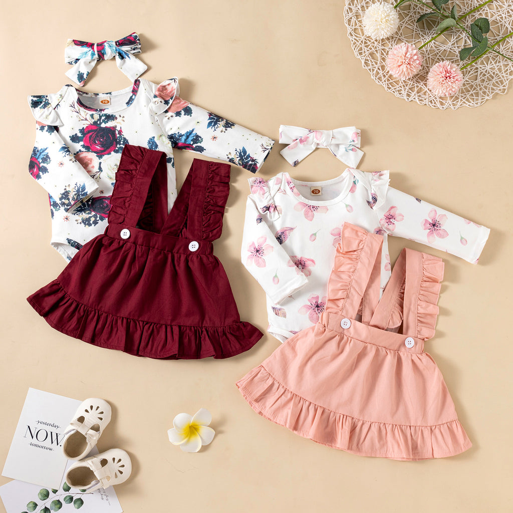 Ensemble 3 Pièces Bébé Fille — Romper Imprimé, Robe & Bandeau — vue principale