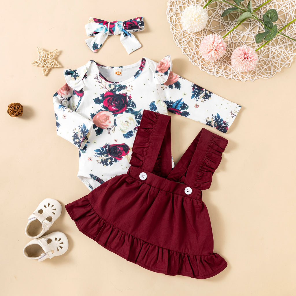 Ensemble 3 Pièces Bébé Fille — Romper Imprimé, Robe & Bandeau — porté fille