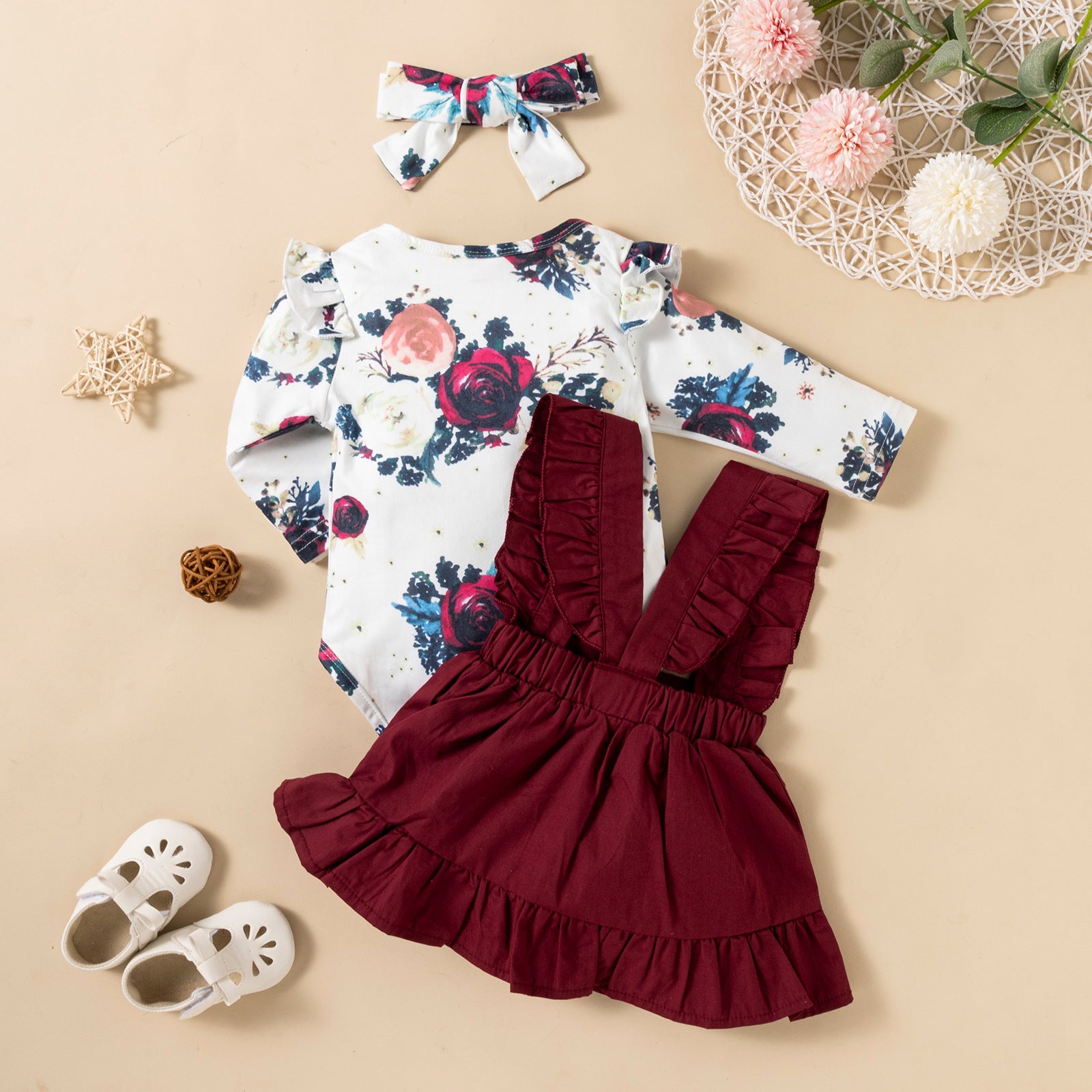 Ensemble 3 Pièces Bébé Fille — Romper Imprimé, Robe & Bandeau — vue de dos